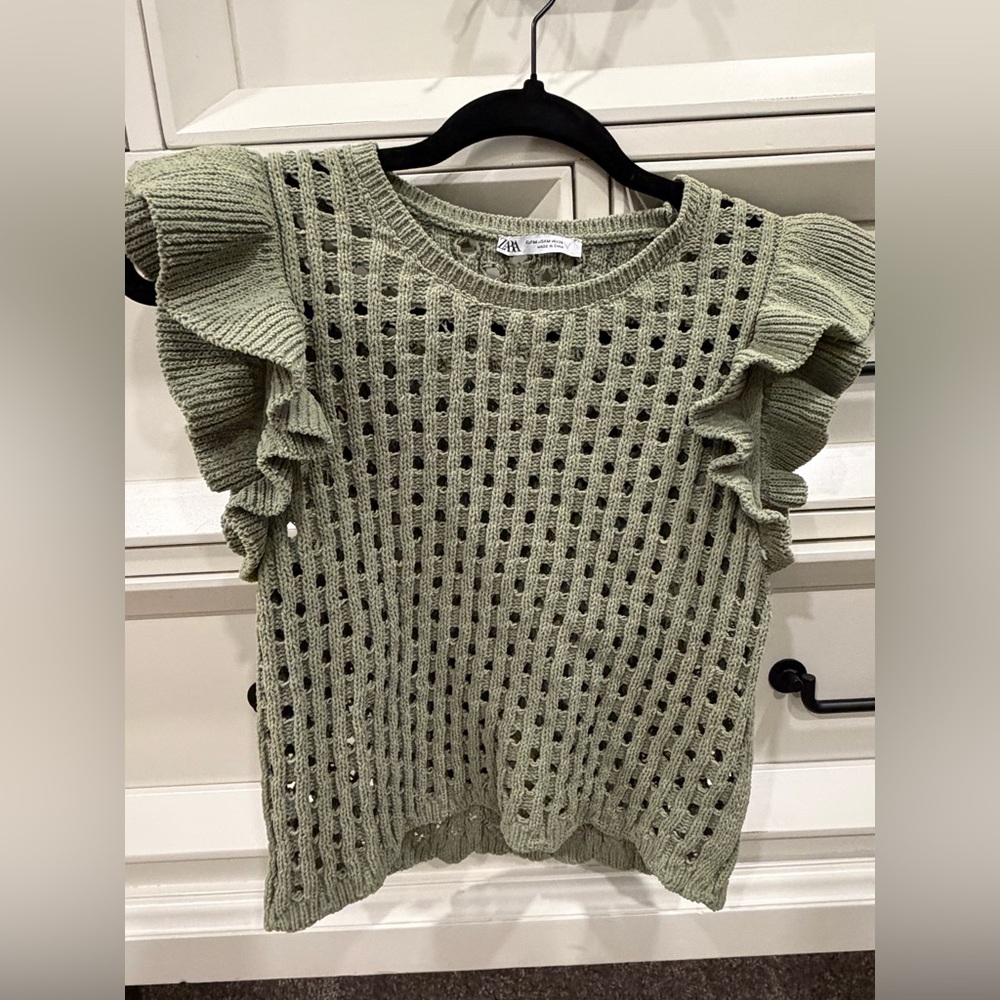 Zara Green Knit Ruffle Sleeve Top